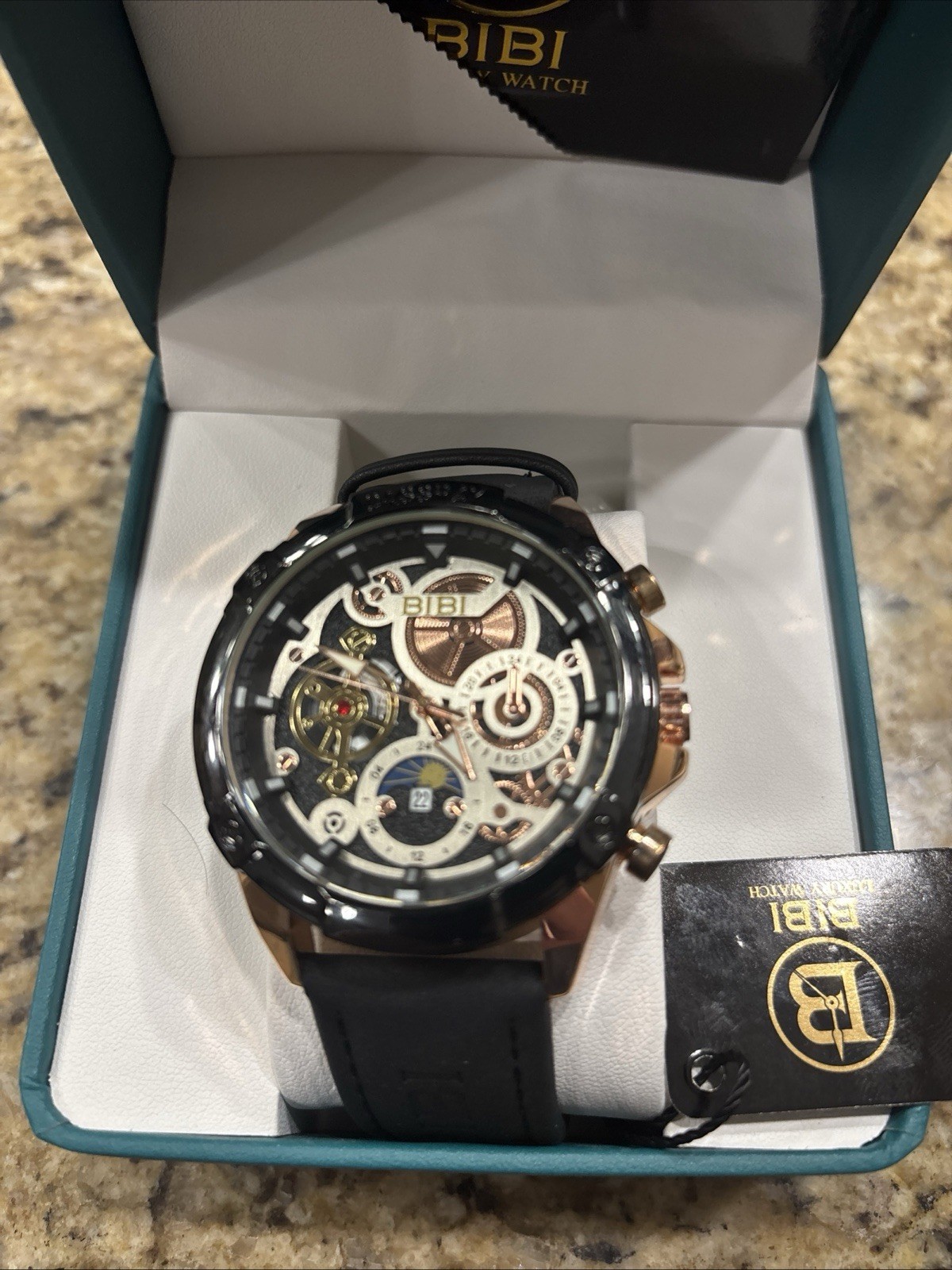 BIBI Men’s Chronograph Watch Black Dial Tachymeter Metal Bracelet w/ Box