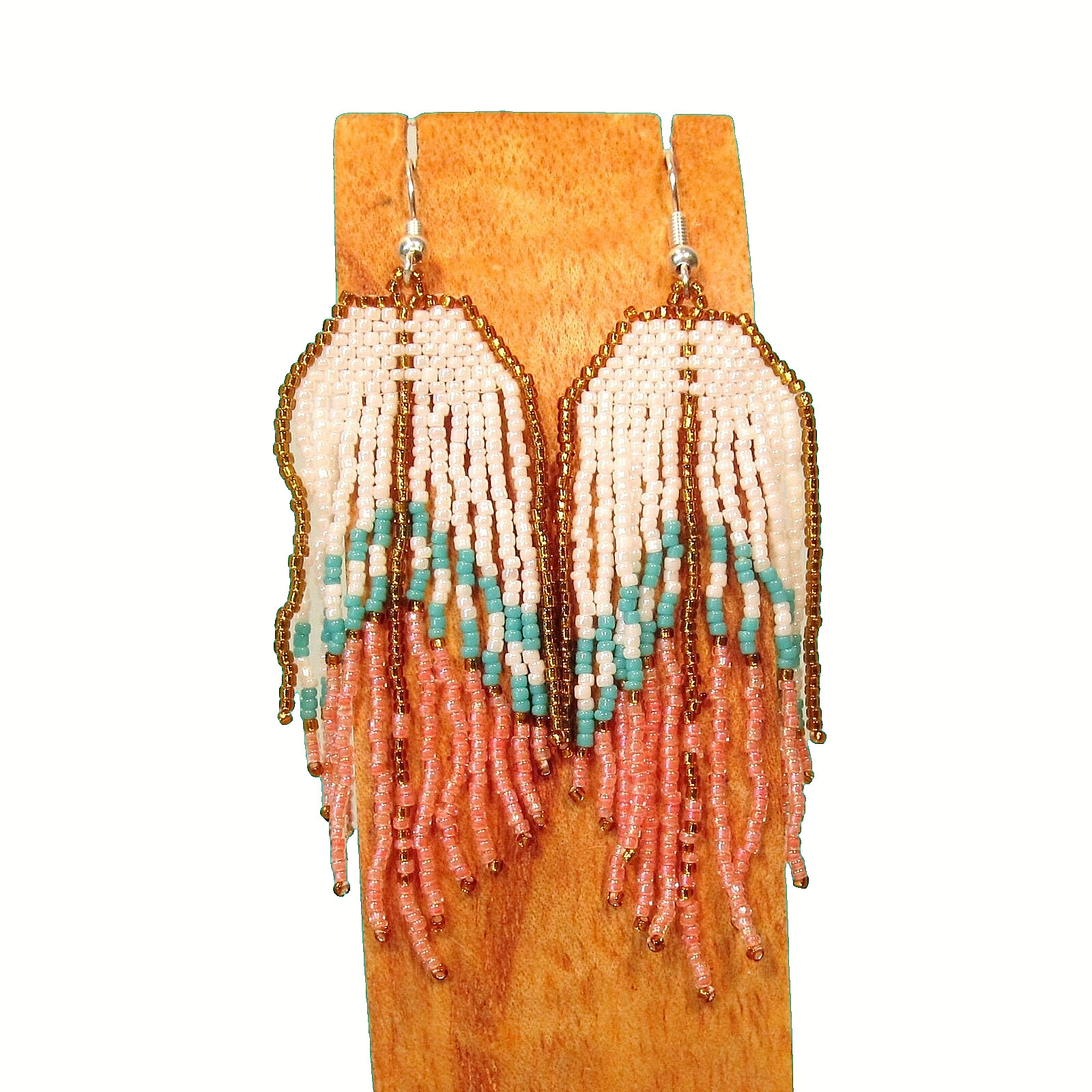 3″ LONG Handmade Coral Pink Aqua Color Chandelier Boho Dangle Seed Bead Earrings