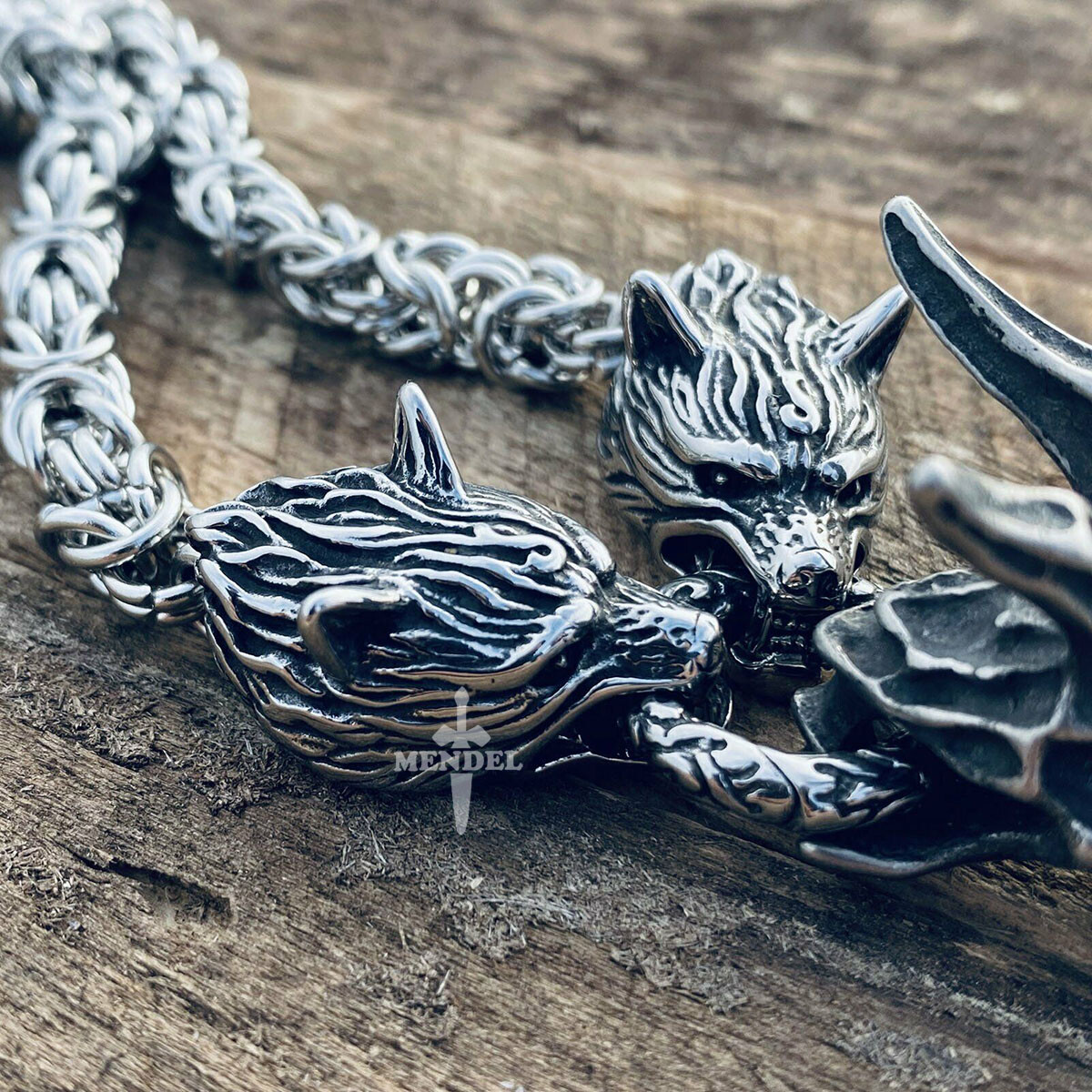 MENDEL Mens Stainless Steel Heavy Wolf Dragon Skull Pendant Necklace Vintage Men