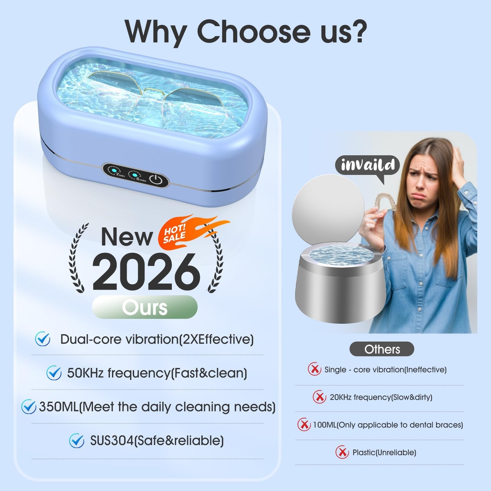 Ultrasonic Jewelry Cleaner 50KHz with Digital Timer – Stainless Steel for Rings,
