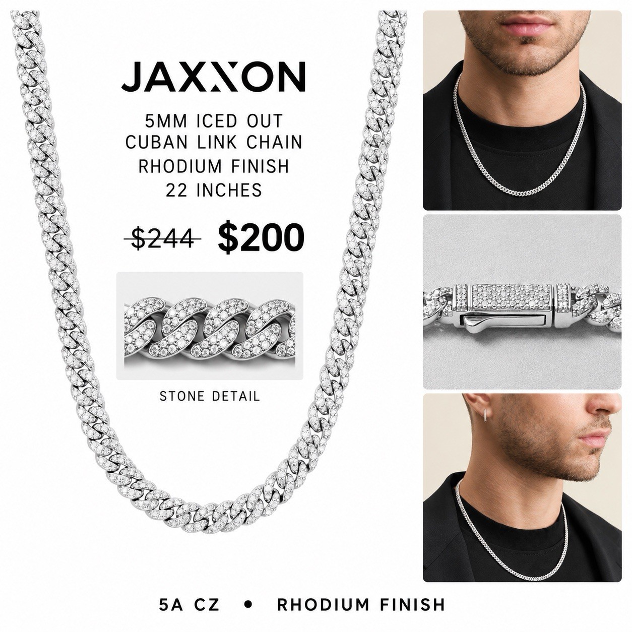 JAXXON 5mm Iced Out Cuban Link Chain 22” Silver Rhodium 5A CZ