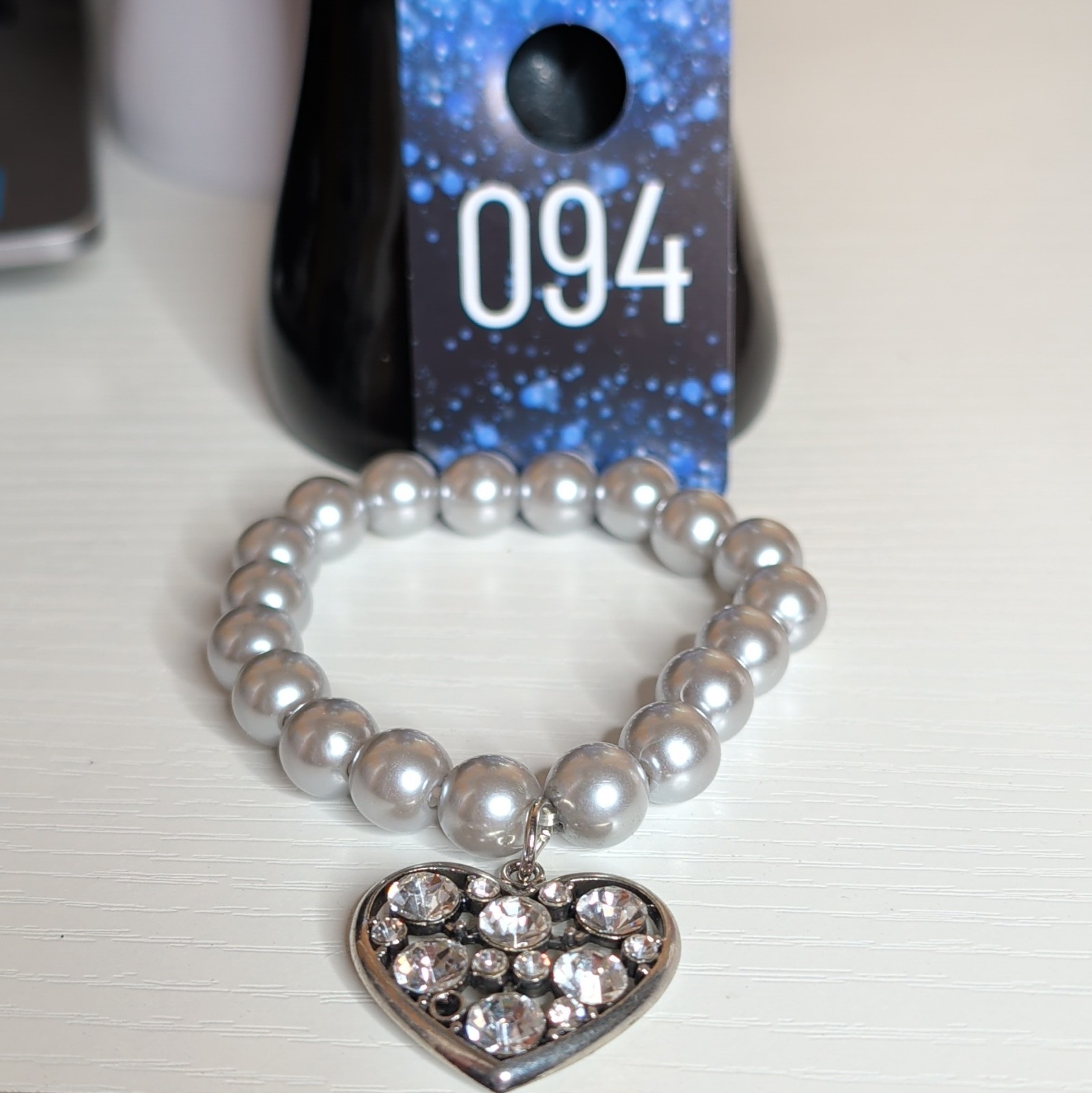 Pearl Like Round Beaded Stretch Bracelet w/ Clear Rhinestone Heart Dangle Charm