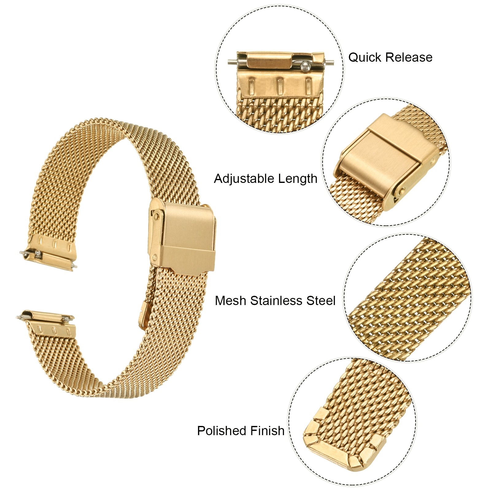 316L Stainless Steel Mesh Watch Band 15mm Quick Release Adjust Strap – Gold