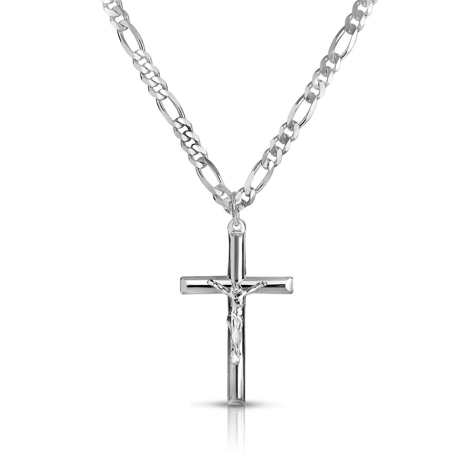 Men and Women 24″ Stainless Steel 3.8MM Figaro Chain Necklace Crucifix Cross …