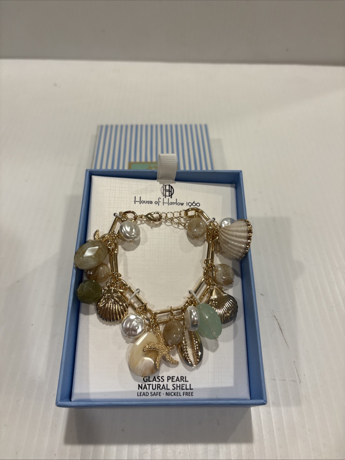House of Harlow Glass Pearl and Natural Shell Beach Charm Bracelet NWT