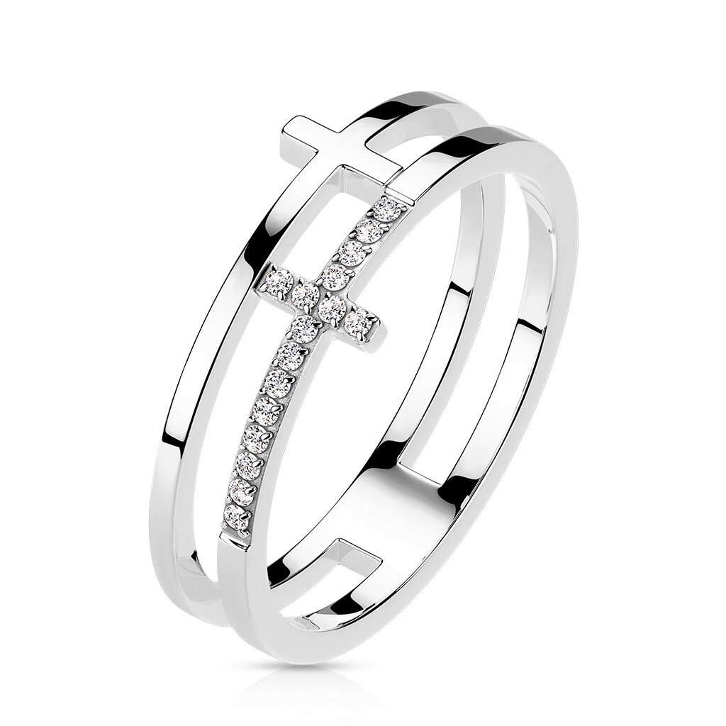 Stainless Steel Split CZ Cross Ring Choose Silver, Gold/Rose Gold Plated