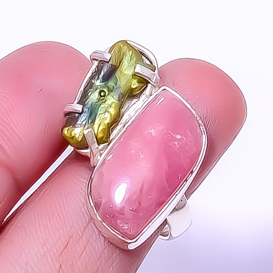 Rhodochrosite – Argentina & Biwa Pearl 925 Silver Plated Ring s.8.5 T73