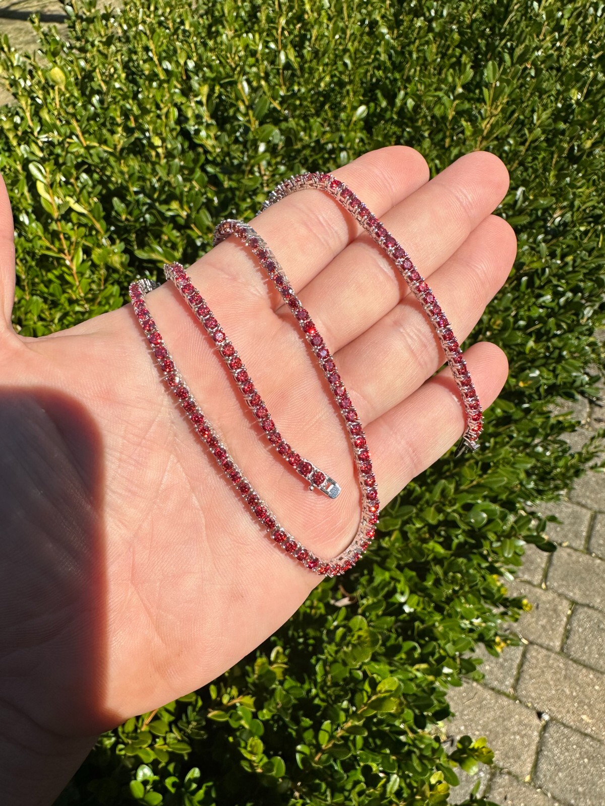 Real Ruby Red MOISSANITE 3mm Tennis Chain 925 Silver Iced Necklace Pass Test