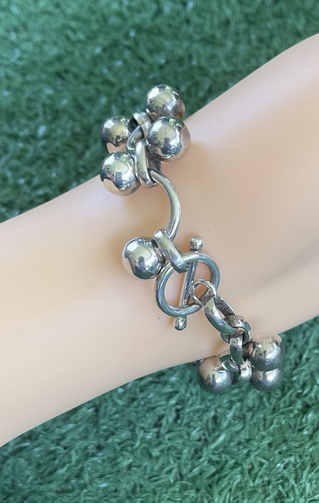 Vtg Marked 925 Sterling Silver DNA Vine Cha Cha Beads Toggle Clasp Bracelet 7.5”