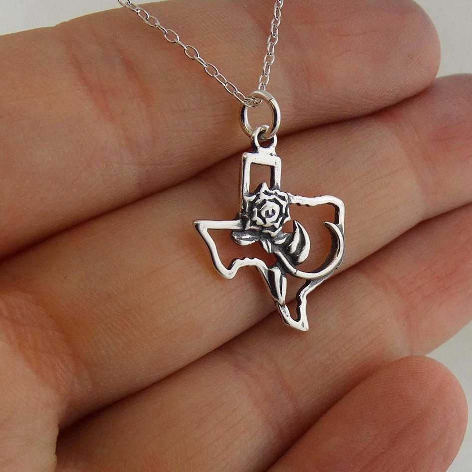 Rose of Texas Necklace – 925 Sterling Silver – Pendant Lone Star State Pride NEW