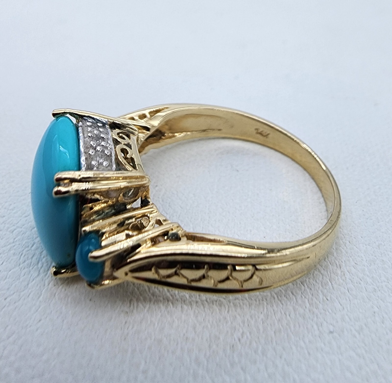 14k .585 Yellow Gold Effy Cushion Turquoise .06 ctw Diamond Sz 7 Ring Au 23231