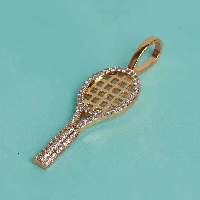 2Ct Round Cut Real Moissanite Tennis Racket Charm Pendant 14K Yellow Gold Plated