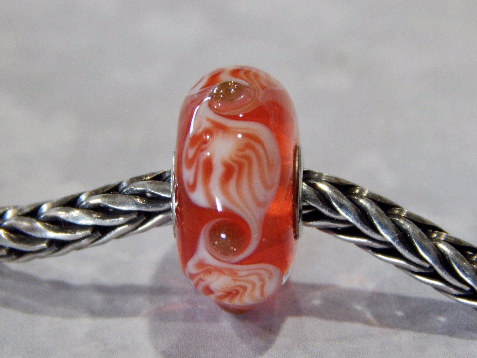 TROLLBEADS OOAK Blood Orange Red White swirls Gold Glitter Buds CC (ONE) NEW!