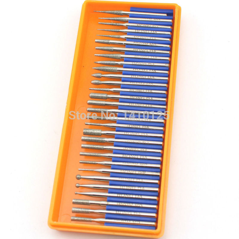 30 Pcs Bur Diamond Grinding Head Set Coated Carving Burrs Rotary Shank 2.35mm