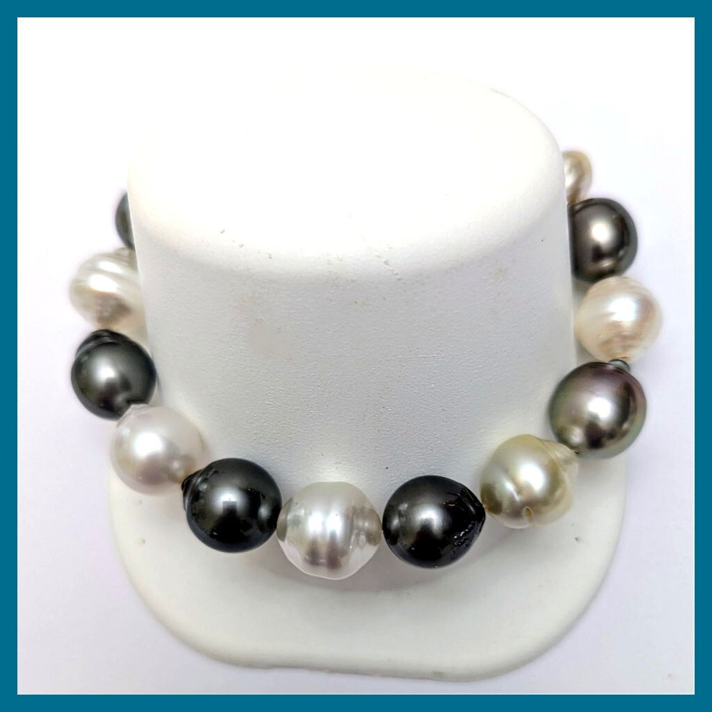 10.5MM – 12.7X13.7MM Multi Color Tahitian & South Sea Pearl Bracelet, 14K Clasp