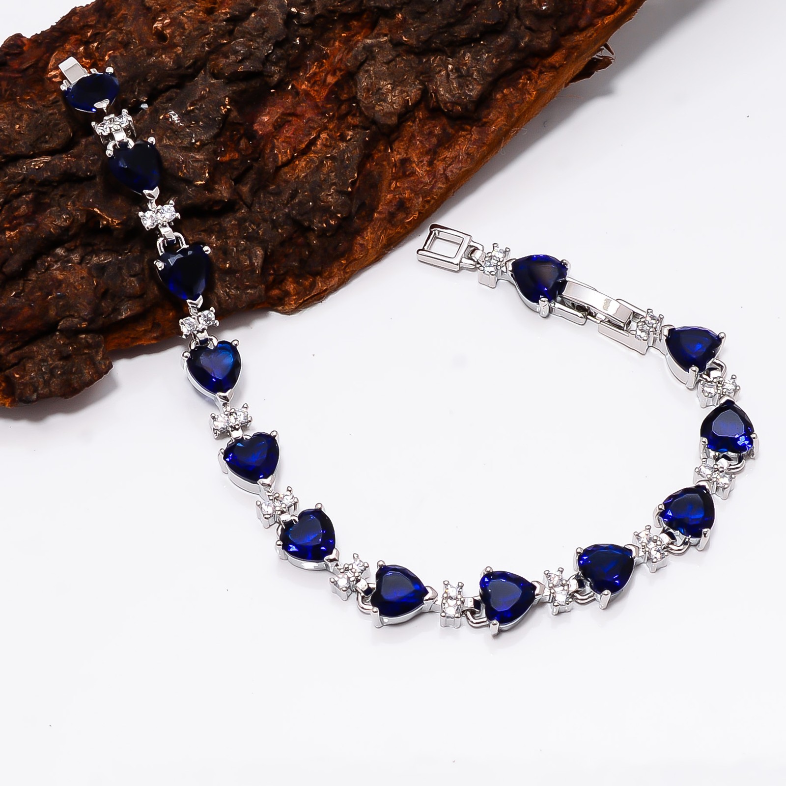 Blue Sapphire -Simulated, CZ 925 Sterling Silver Adjustable Bracelet 7-8″ B2755