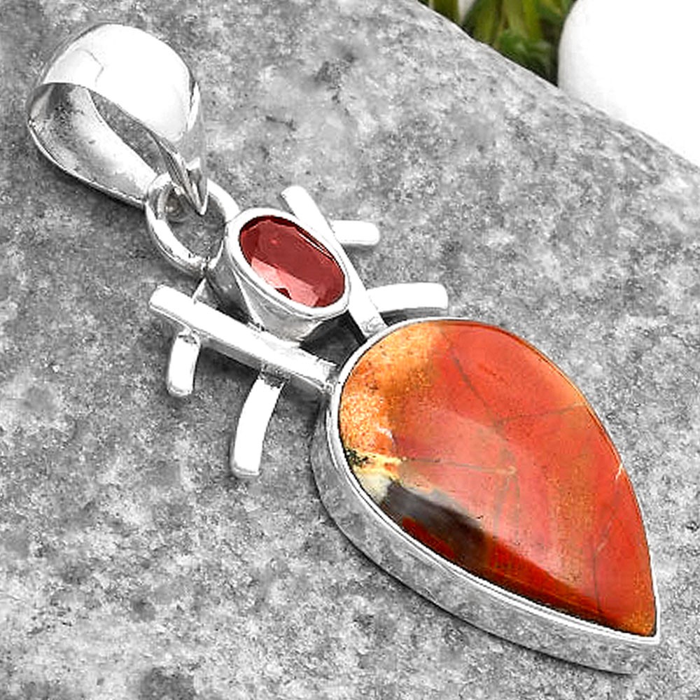 Natural Red Moss Agate & Garnet 925 Sterling Silver Pendant Jewelry P-1046