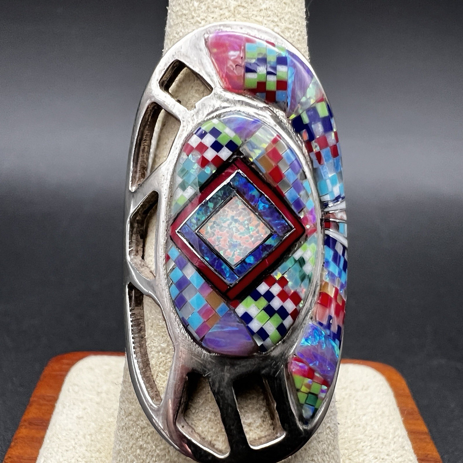 Sterling Silver Inlay Native American Ring Turquoise Opal & Other Size 7.5 10g