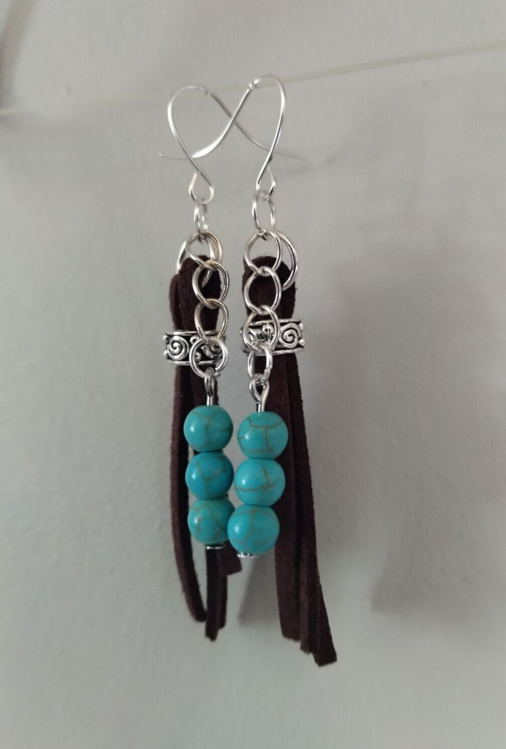 Suede Fringe Tassel Earrings Turquoise Blue Howlite Stone Bead Handmade Cowboy