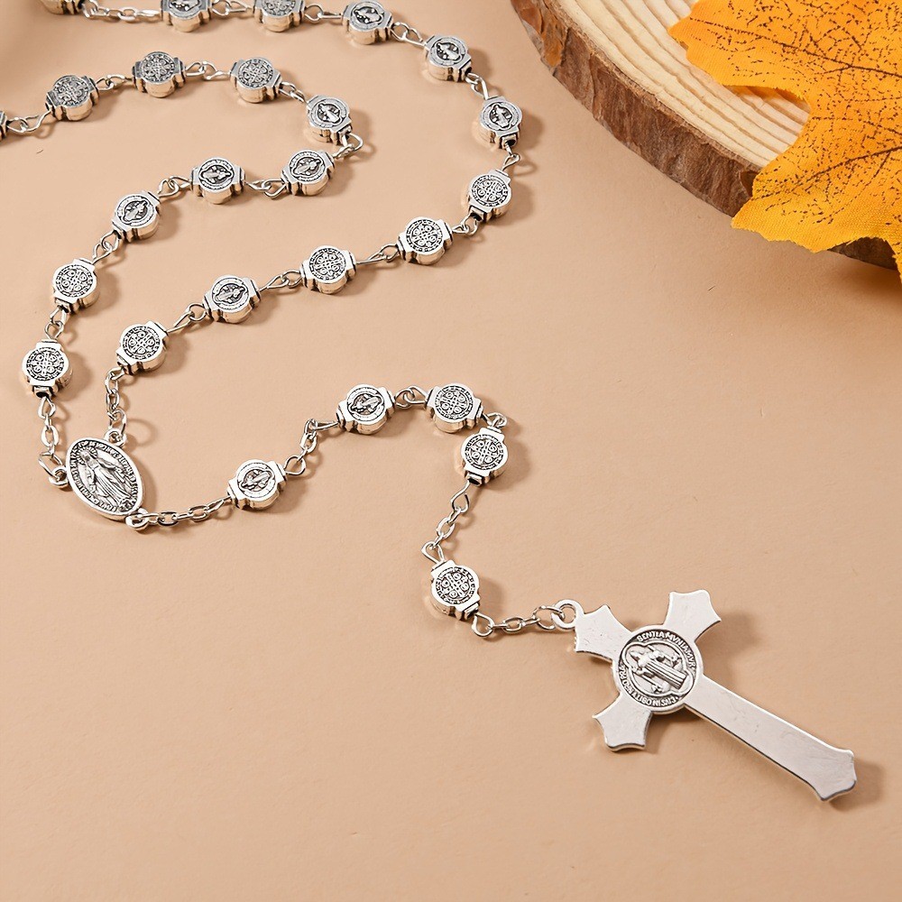 Handmade Alloy Prayer Baptism Virgin Mary Cross Rosary Religion Pendant Necklace