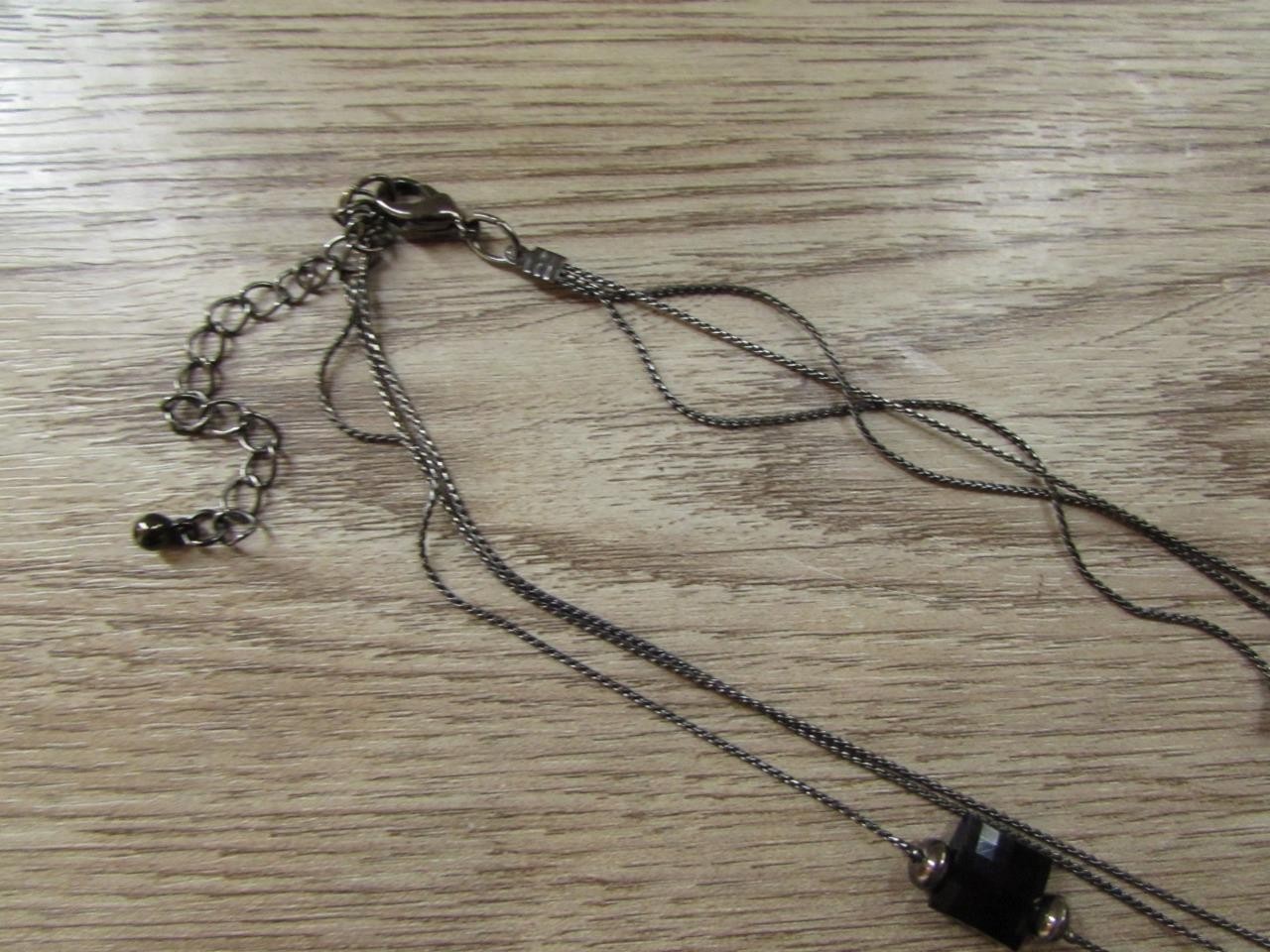 Multi-Strand Black Beaded Necklace Square Round Beads w/ Floral Pattern 20″