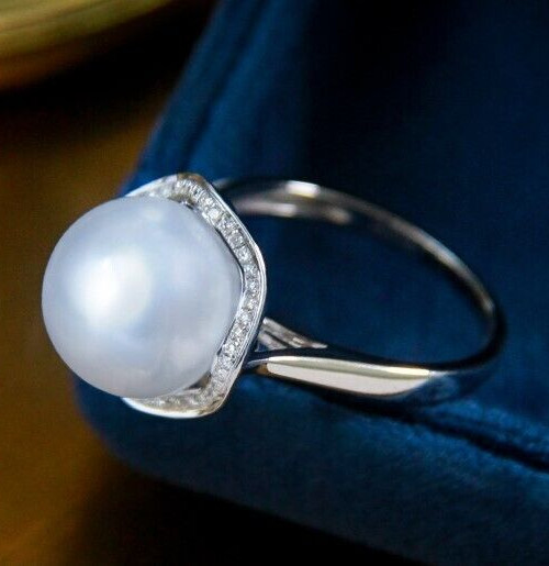 Top Grade 12.9mm South Sea White Pearl Ring, 18K White Gold, Diamond Detail