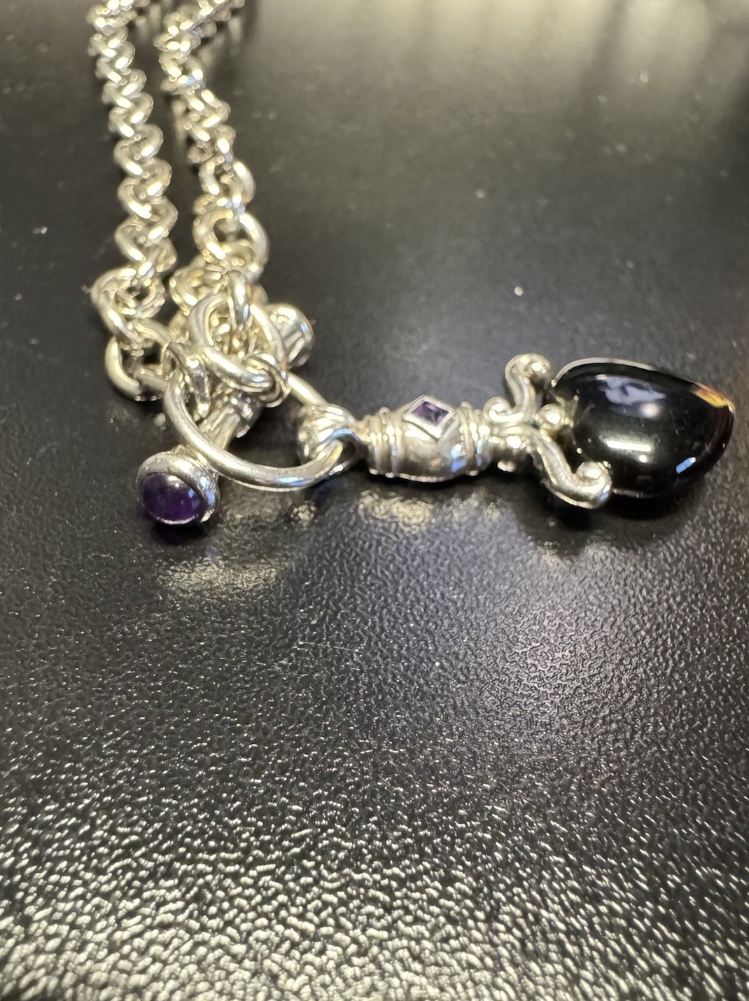 Ross Simons 925 Sterling Silver Black Onyx Heart Amethyst Necklace 18.5in, 30.5g