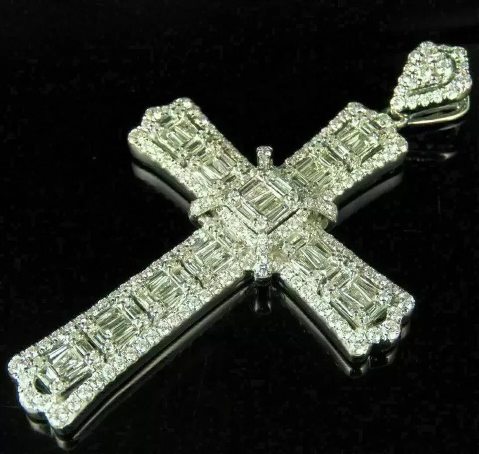 4.00Ct Baguette Cut Diamond Large Cross Pendant for Man’s 14k White Gold Finish