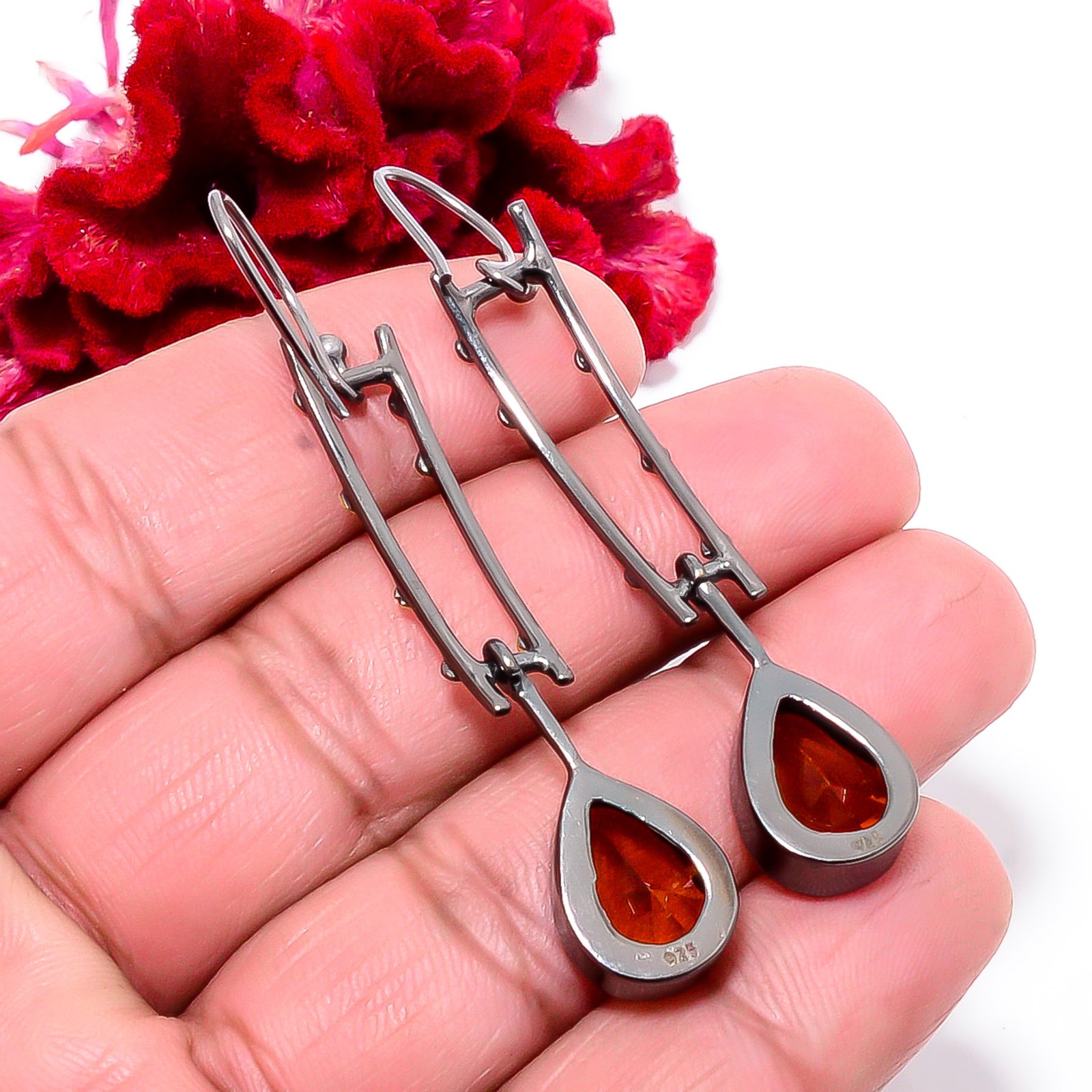 Golden Quartz 925 Sterling Silver Black And Gold Rhodium Plated Earring 2.34 S34