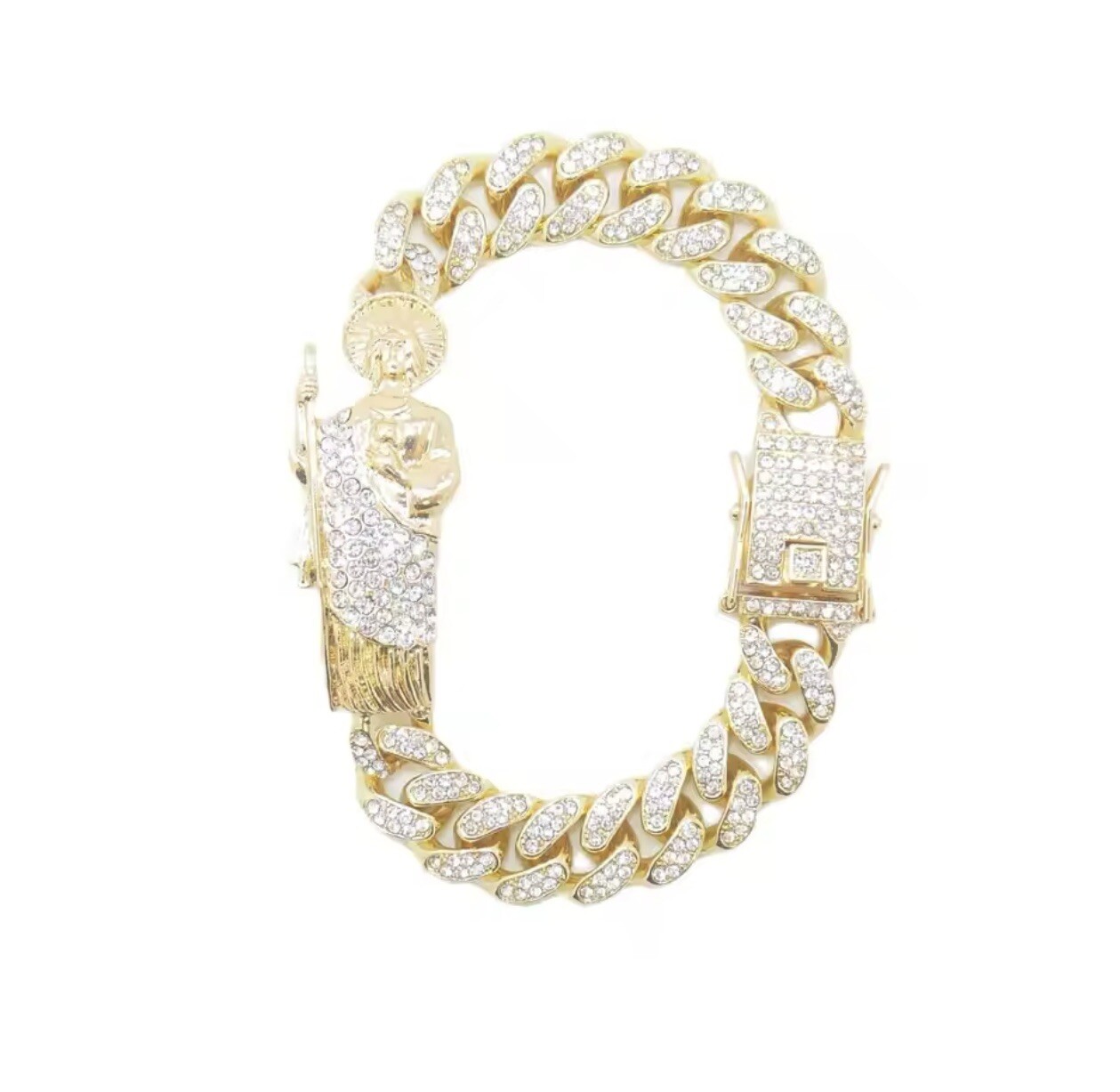 Gorgeous Rhinestone Gold Plated Color Cuban Chain St. Jude San Judas Bracelet