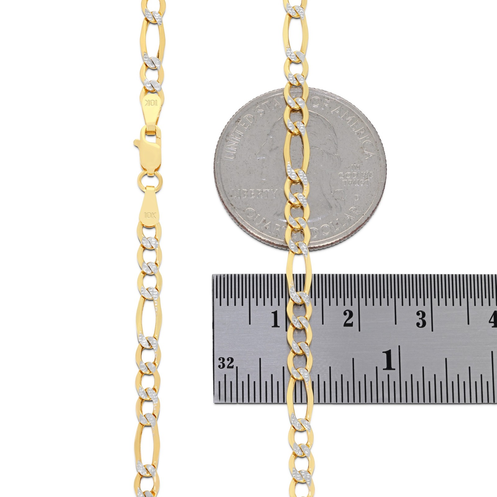 10K Yellow Gold 3.5mm Womens Diamond Cut White Pave Figaro Chain Bracelet 7″