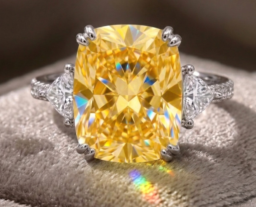 RARE 8.00 Ct Certified Cushion Cut Yellow Natural Diamond Ring White Gold Finish