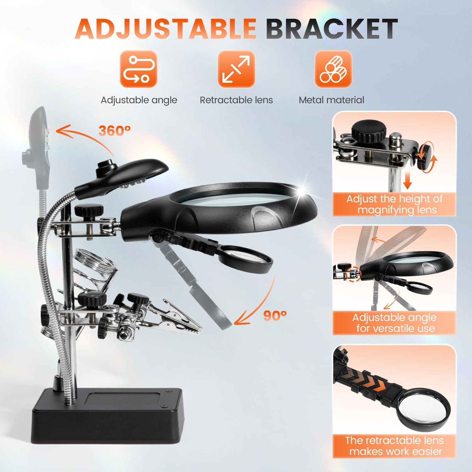 Desktop LED Lighted Magnifying Glass Soldering Station, Adjustable