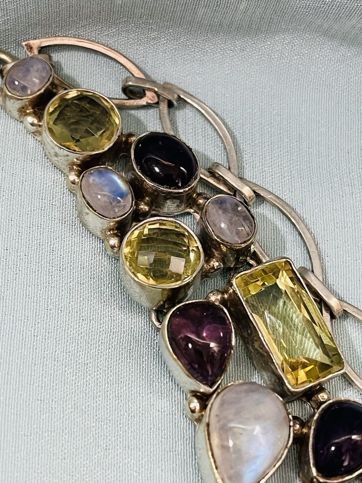 Sterling Silver Multi-gem Moonstone Tourmaline Amethyst Necklace Healing 96 Gram