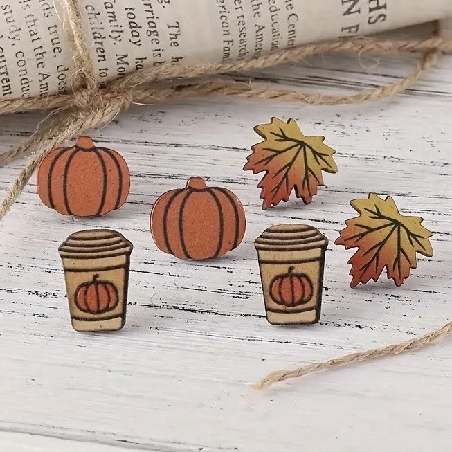 3 Pairs Set Wood Fall Thanksgiving Themed Earrings Pumpkin Coffee Leaves Holiday