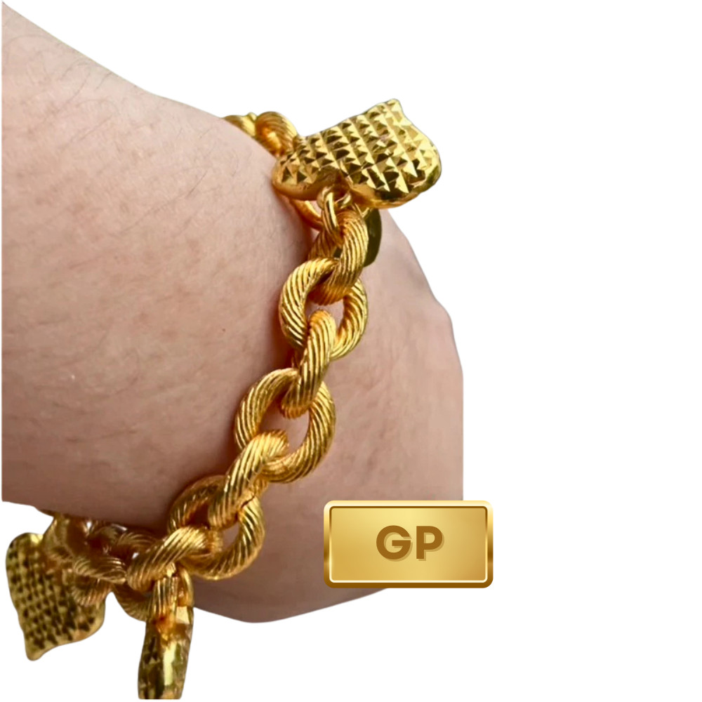 Bracelet Rope Chain 24K Gold Plated Heart Charm 5 Baht 6.5-8.5 in Jewelry Women