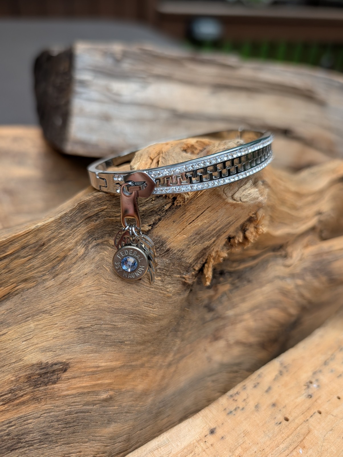 Silver or Gold Stainless Zipper wing and Bullet Bracelet. Optional Glass Crystal