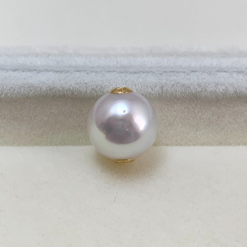10.8mm Round White Rose South Sea Loose Full Drilled Pearl, 18k Yellow Gold