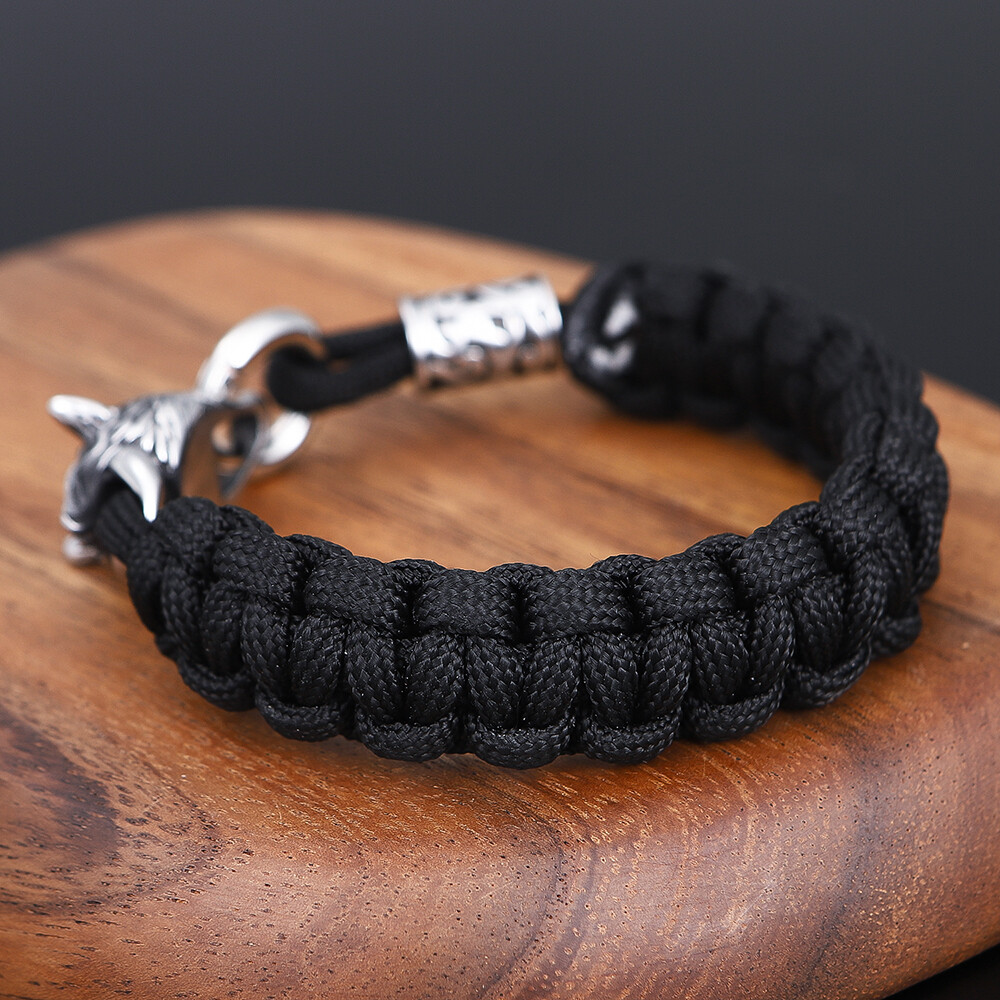 Men’s Stainless Ssteel Norse Viking Wolf Bracelets Black Parachute Rope Bracelet