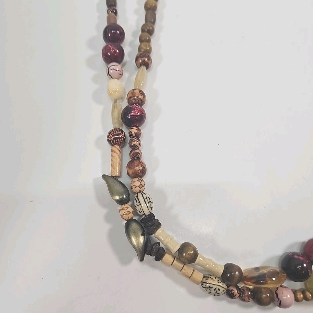 Boho Beaded Necklace Multi Strand Earth Tone Wood Statement 21”