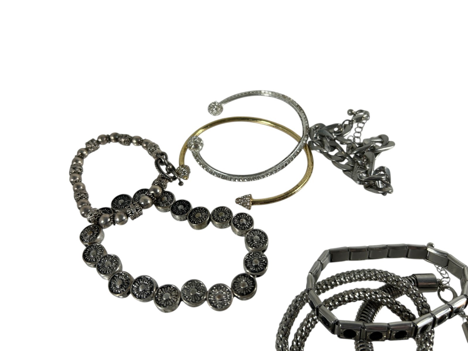 Mixed Lot 15 Silver Tone Bracelets Costume Jewelry Stretch Cuff Beaded Charm