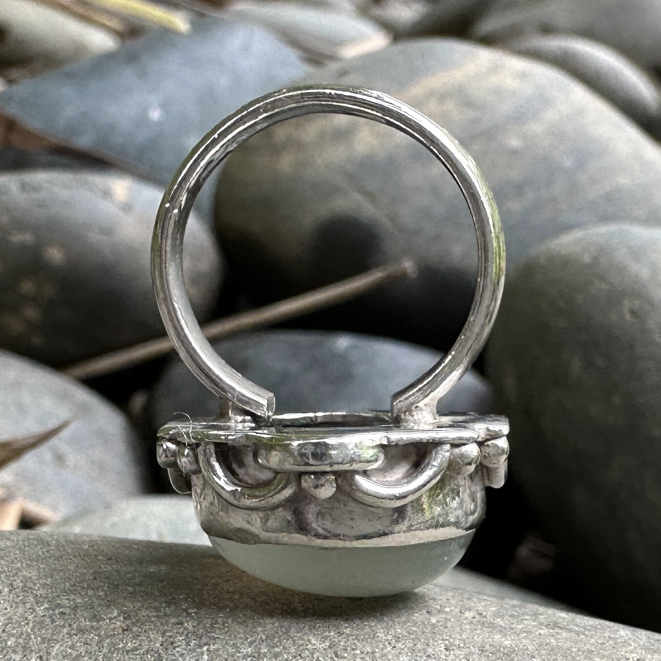 Oval Moonstone Bezel Ring in Sterling Silver SZ 5.5 w Applied Frame Design, 10g