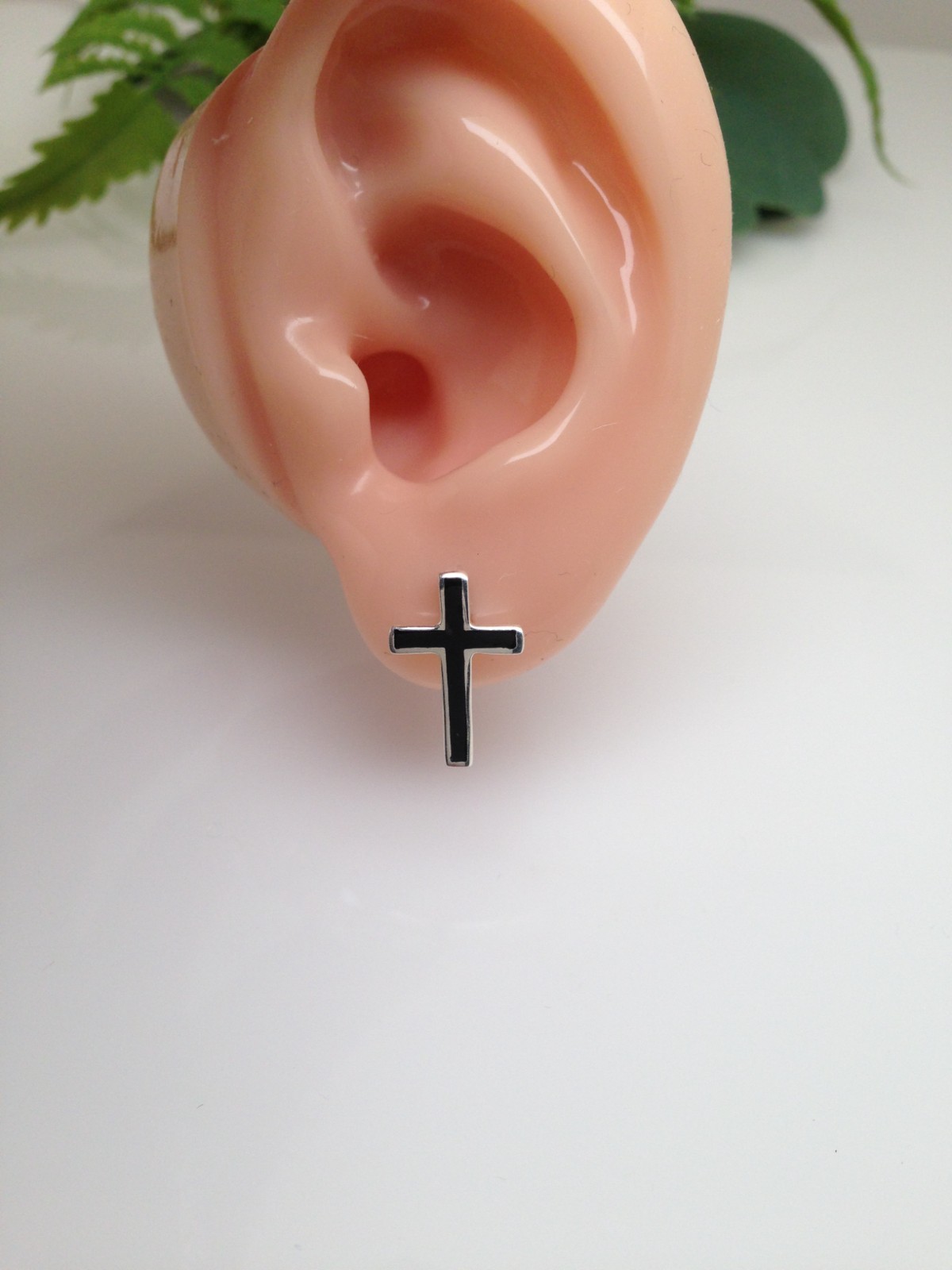 925 Sterling Silver Black Agate Long Cross Stud Earrings Men Women 14.5mm/0.57″
