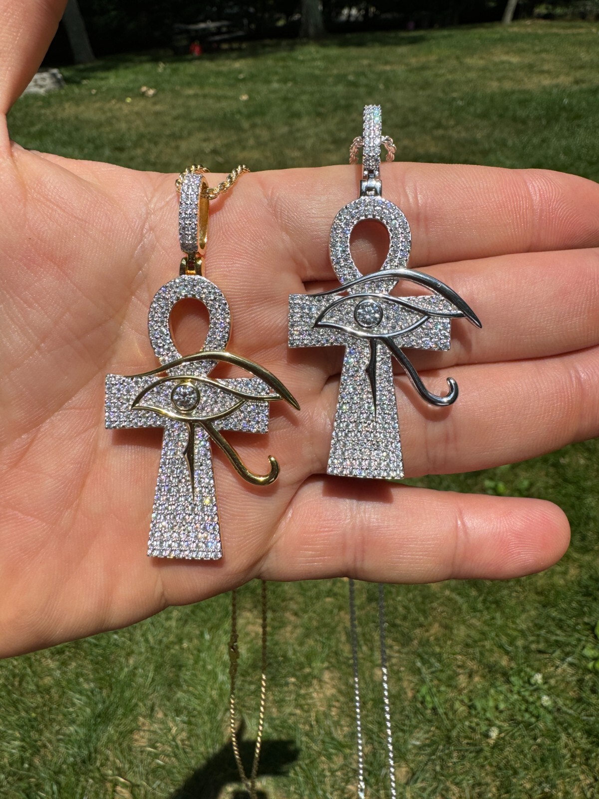 Moissanite Ankh Cross W. Eye Of Horus Pendant – Iced 925 Silver 2″ Mens Necklace