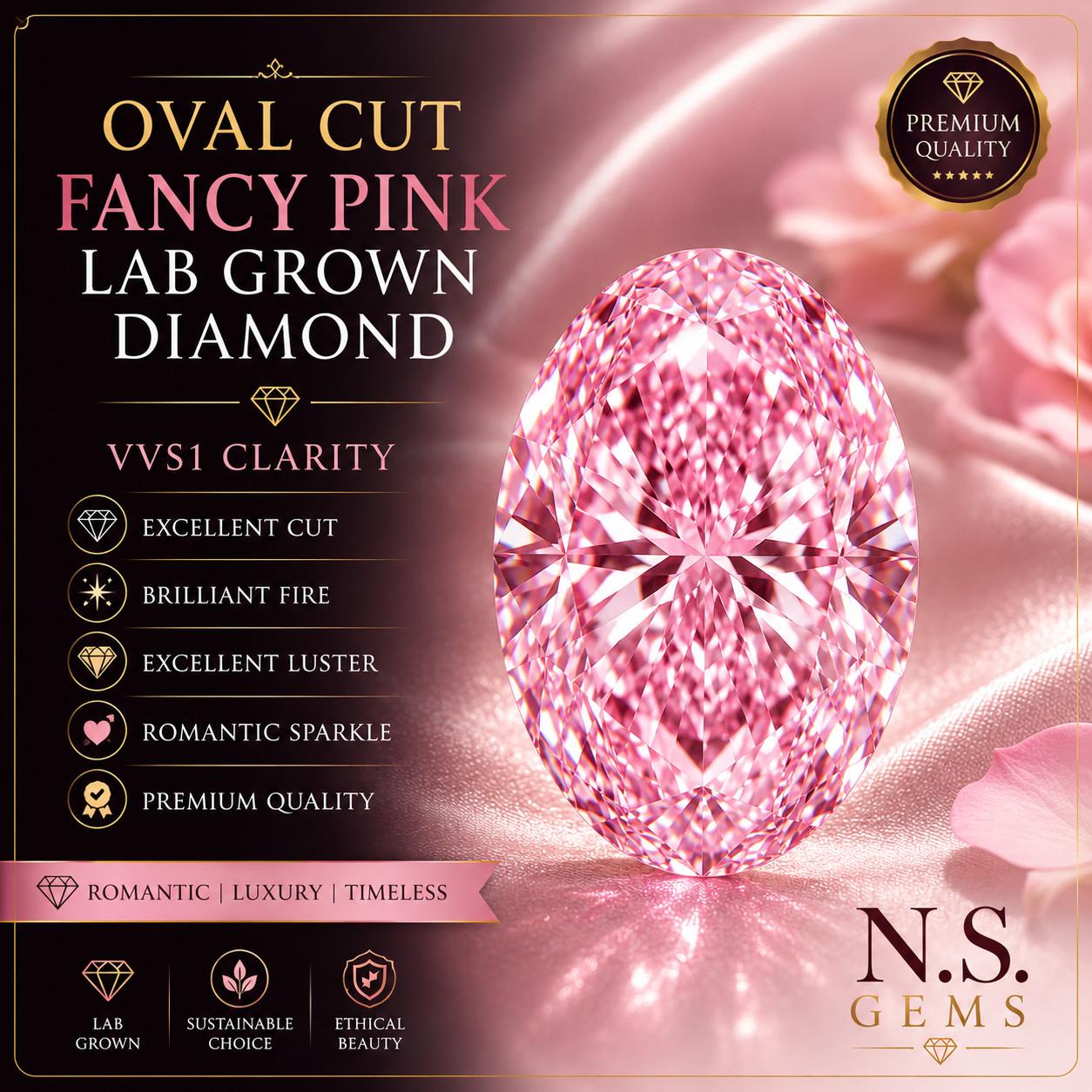 2 Ct Oval Cut Fancy Pink Lab Grown Diamond VVS1 Loose Gemstone Romantic Sparkle
