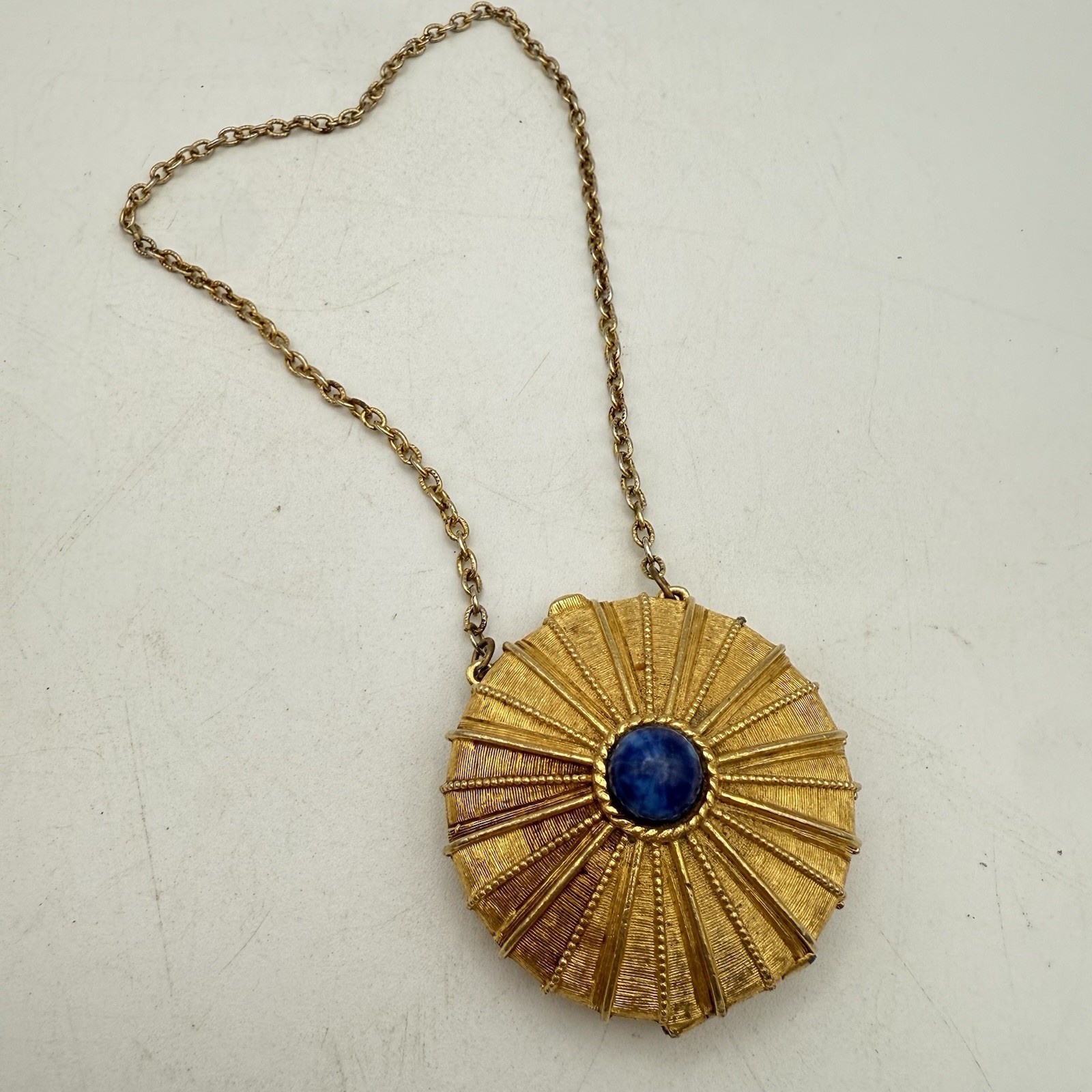 Vintage Estee Lauder Pendant Solid Perfume Compact Blue Cabochon Necklace