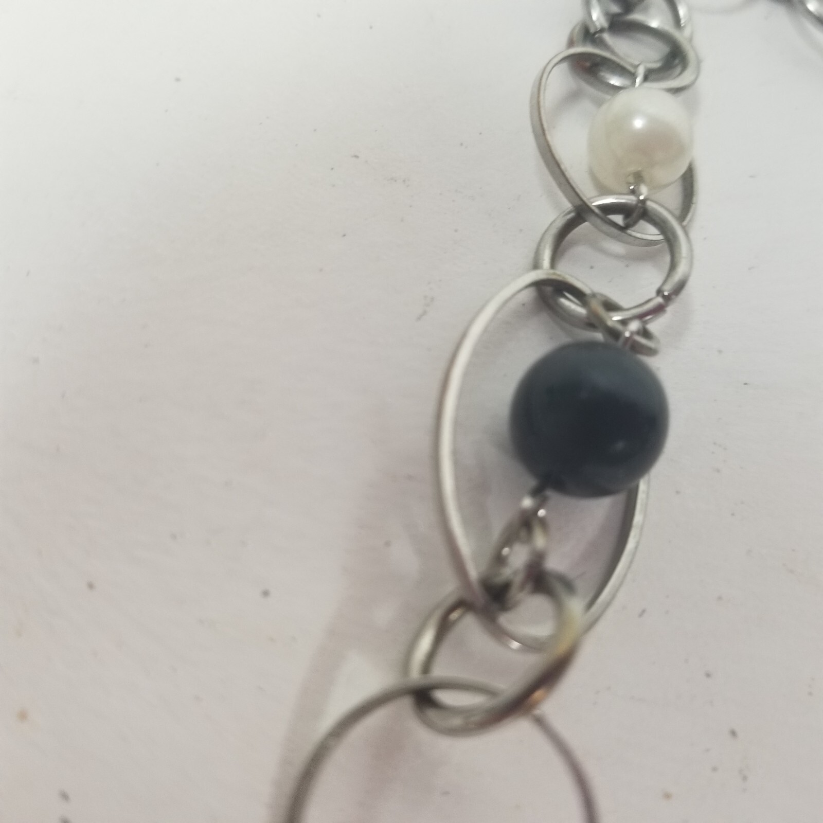 SIlver Tone Beaded Open Circle Oval Chain Link Long Necklace