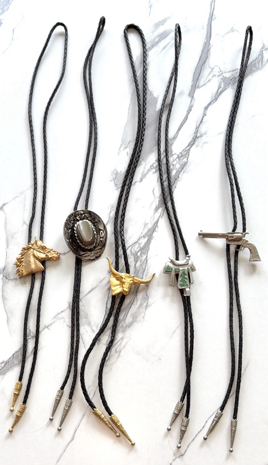5pc Western Bolo Tie Mixed Lot Black Braided Cord Horse Bull Pistol Slides