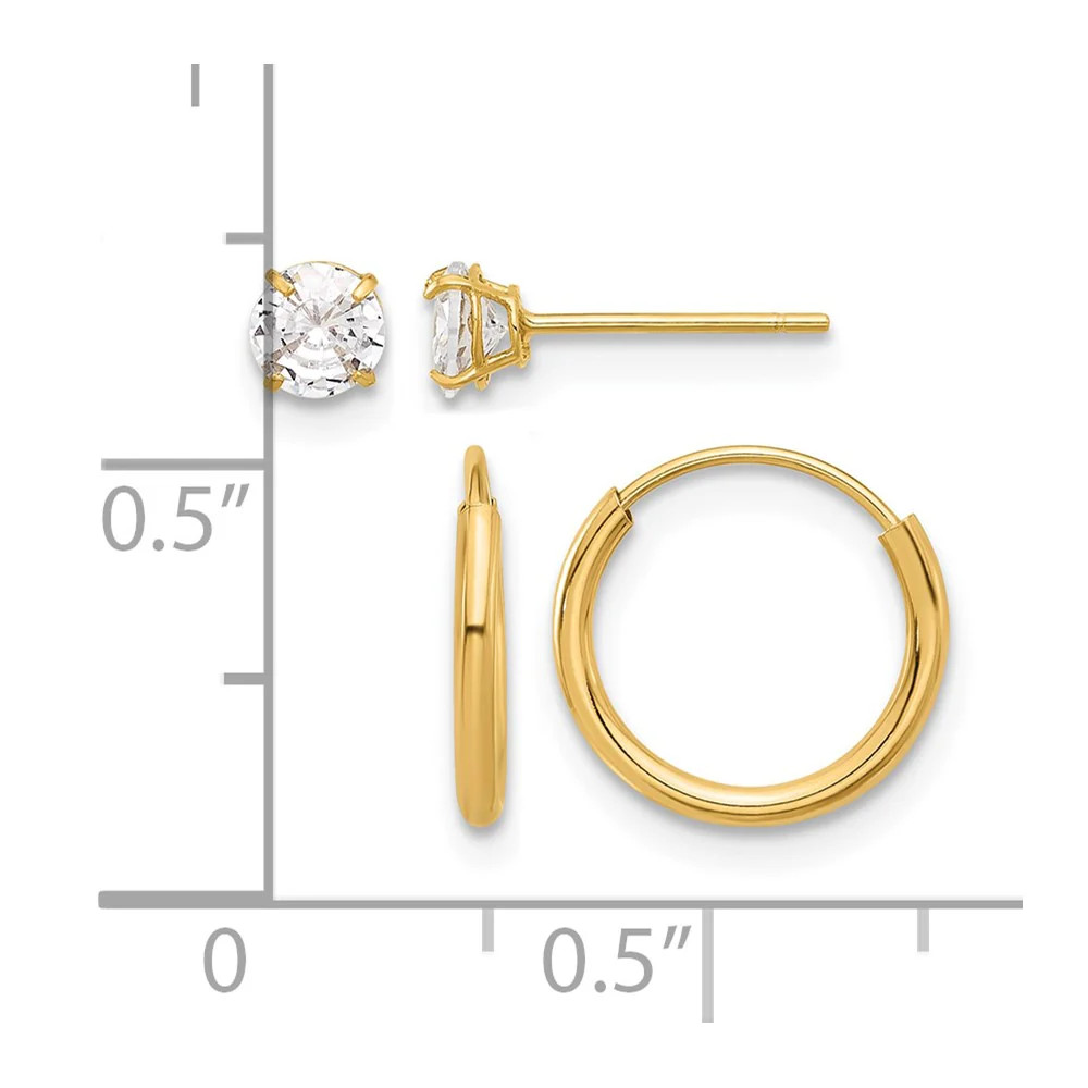 14K Yellow Gold Polished CZ Studs And Small Endless Hoop Earring Set