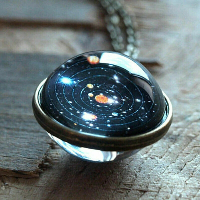 New Geek Solar Orbit / Solar System Necklace, Glass Pendant w Metal Chain Alloy